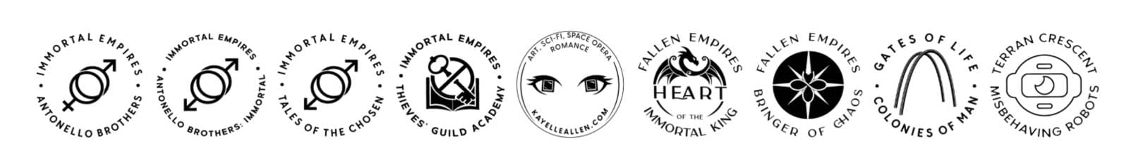 Series and saga emblems from the interconnected story universe of Kayelle Allen
