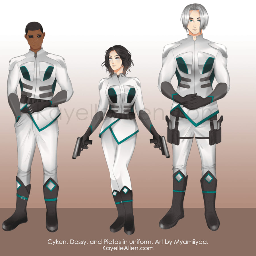 Cyken, Dessy, and Pietas in uniform. Art by Myamiiyaa Cyken, Dessy, and Pietas in uniform. Art by Myamiiyaa